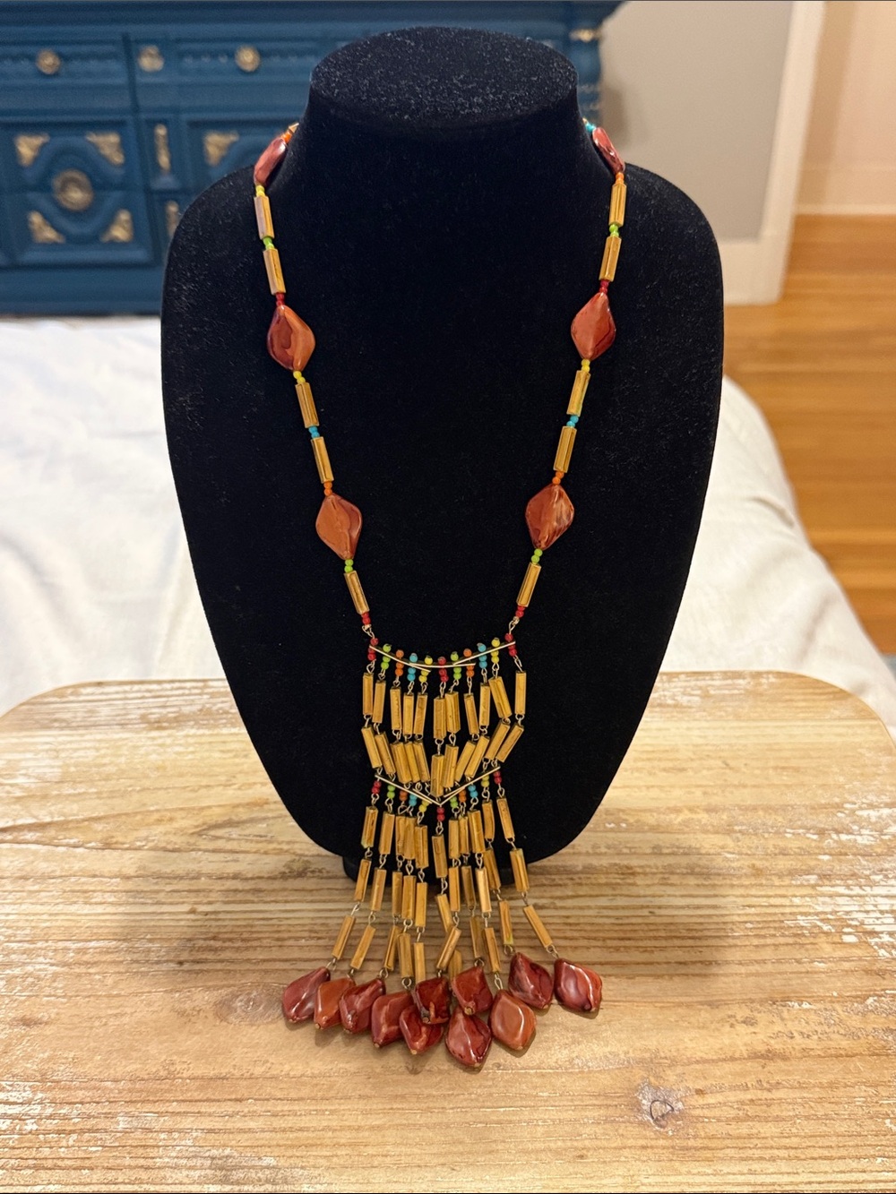 Vintage Boho Brown Tan Multicolored Beaded Large Bib Pendant Statement Necklace